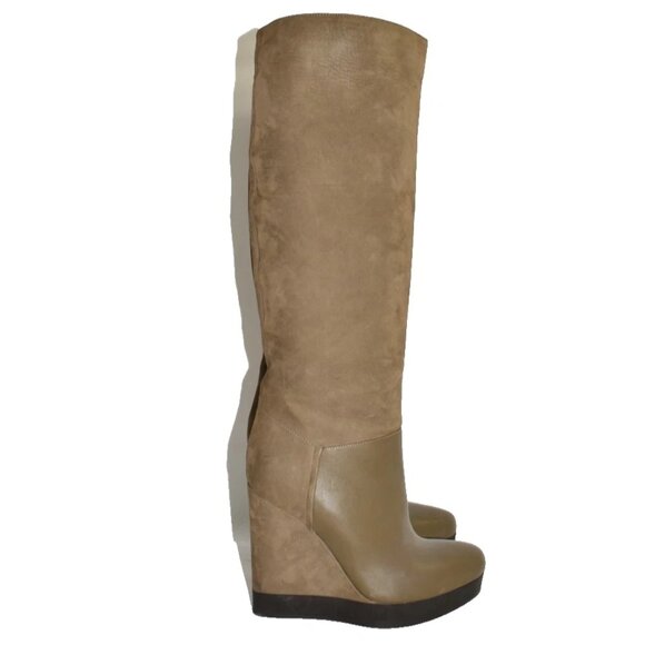 NEW $650 Vince Vivian Leather & Nubuck Wedge Tall Knee Boot OLIVE BROWN 7 (MG27) - Picture 1 of 7